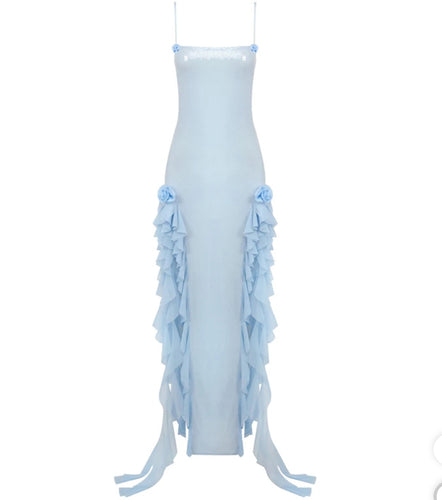 Blue Sparkle Ruffles Flowers See-through Dress