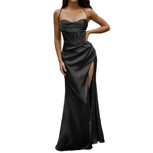 Satin Fishbone Ruched Gown