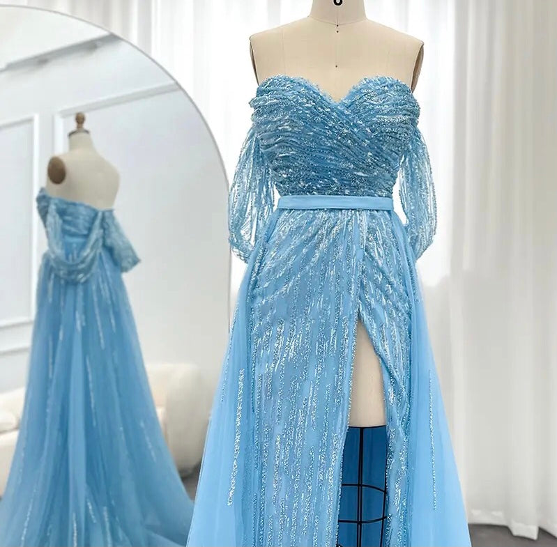 Tulle Sequined High Split Ruched Gowns