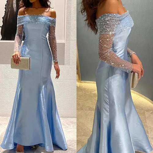 Sky Blue Sequinned OffShoulder Dress