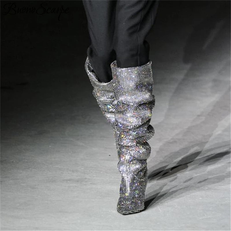 Rhinestone sales knee boots