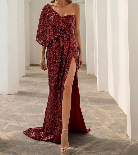 One Shoulder High Slit Sequin Gown