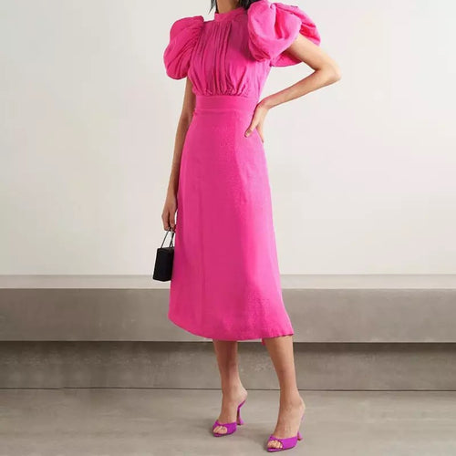 Pink Puff Sleeve Hollow Out Midi Dress