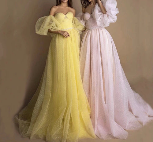 Fairy Polka Tulle Detachable Sleeves Prom Dress